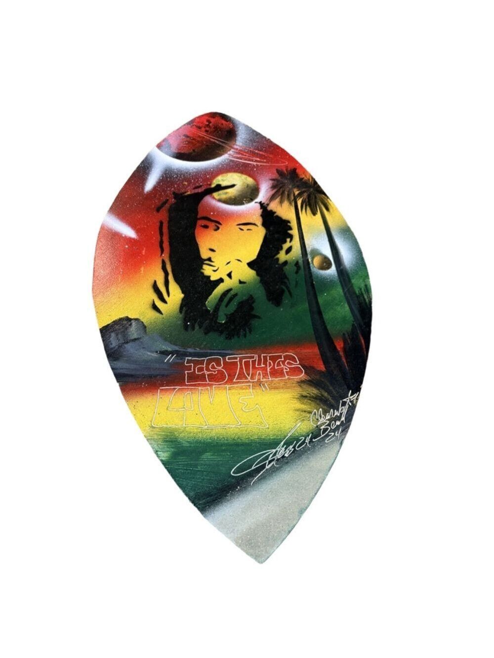 Spray Painted Surfboard “Is This Love" Bob Marley Signed 24’ Plaque Art